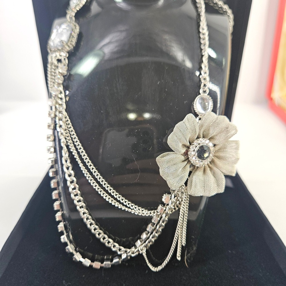 Vintage y2k Silver Tone Layered Chain Necklace Mesh Flower Rhinestone Accents